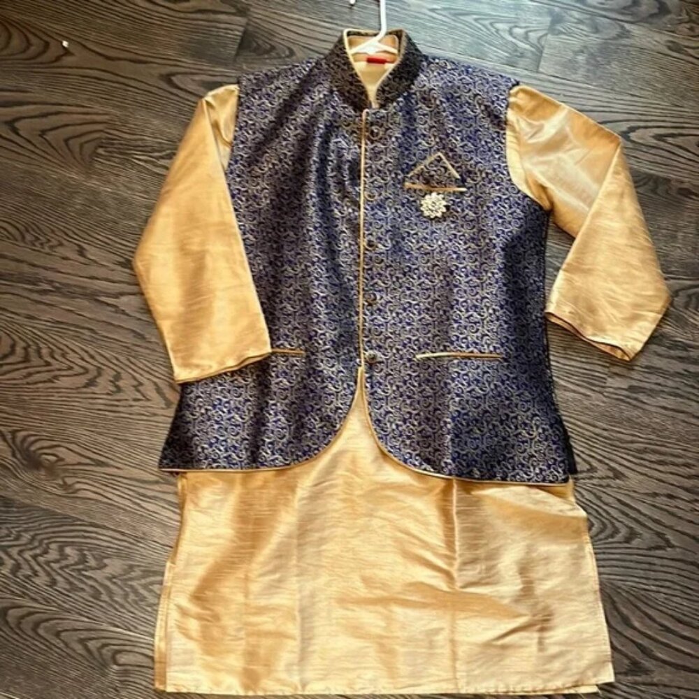 Mens navy and gold Nehru jacket set